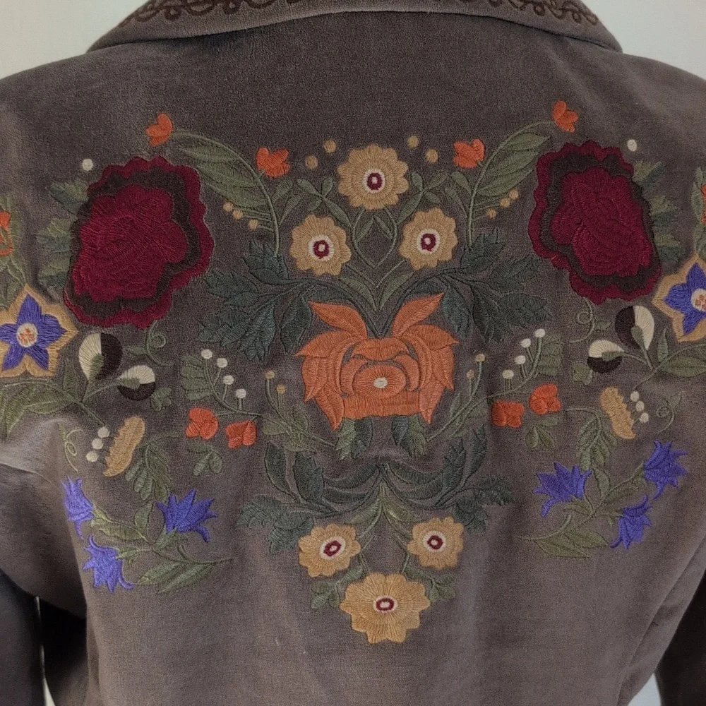 J. Jill Brown Velvet Embroidered Trench Coat Size XS - Picture 9 of 13